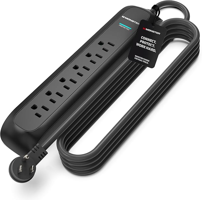Monster Surge Protector Power Strip, 6 Outlets, 120V, 15A, 15 ft Cord with Right Angle Plug, Type A/B Plug, 300 Joules, On/Off Switch, Black