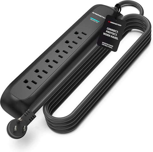 Monster Surge Protector Power Strip, 6 Outlets, 120V, 15A, 15 ft Cord with Right Angle Plug, Type A/B Plug, 300 Joules, On/Off Switch, Black