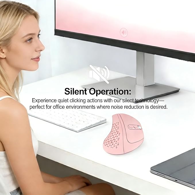 Bluetooth Wireless Dual-Mode Vertical Mouse - Silent Click, Ergonomic Comfort for Office & Home Use, Rechargeable with LED Breathing Light, Compatible with Multiple Devices (Pink)