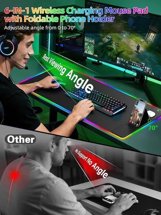 Mouse Pad with Foldable Phone Holder & Wireless Charger, XXL RGB Gaming Mousepad 31.5"x15.8" Large Desk Mat for Keyboard, Black Desk Pad with Dual Qi Charging Station | 11 Colors 5 Modes | Waterproof
