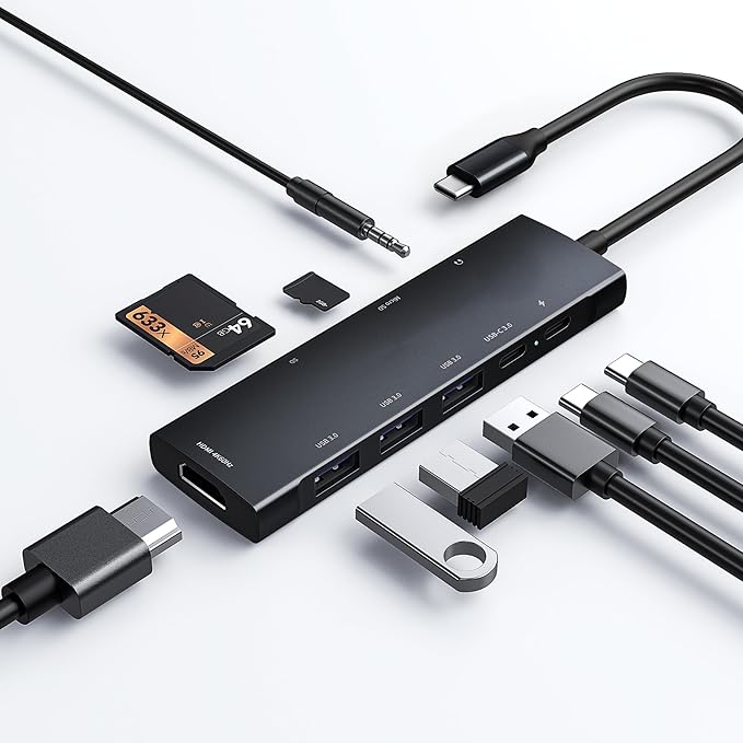 USB C HUB for iPad Pro 9-in-1 Adapter iPad Pro M4 M2 M1 13 12.9 11 inch iPad Air 5 4 Docking Station with 4K HDMI, USB-C PD, SD/TF Card Reader, USB 3.0, 3.5mm Headphone Jack, Type C Data, iPad mini 6