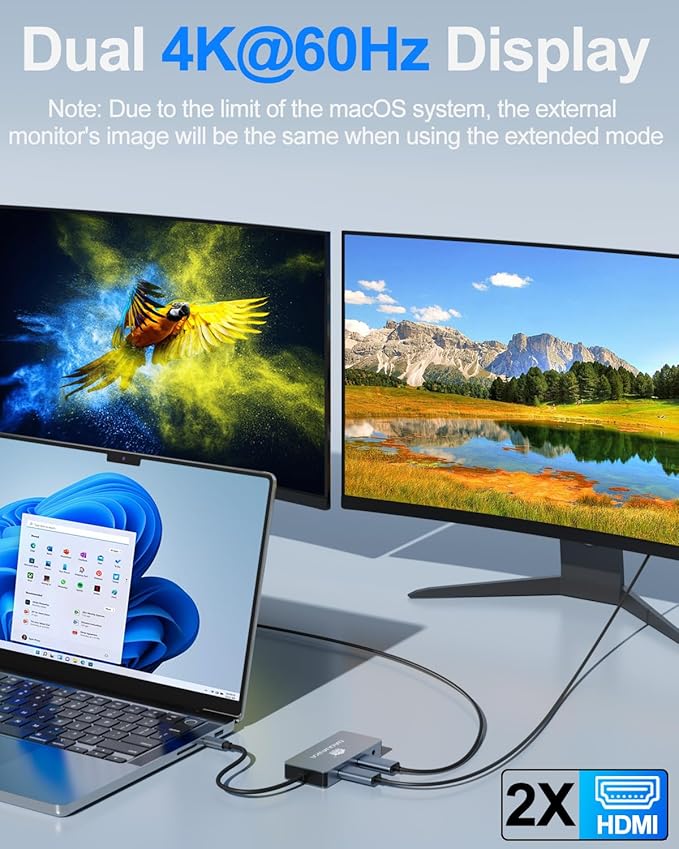 USB C Hub, 9 in 1 Dual Monitor Docking Station, 4K@60Hz Dual HDMI Display, RJ45 1000Mbps Ethernet Adapter, PD 100W, 3*USB-A 3.0 Ports, 3.5mm Audio/mic for MacBook Pro, Lenovo, Surface, Dell XPS, HP