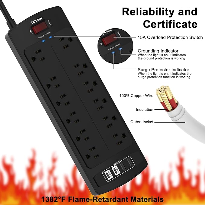 10 Ft Extension Cord Power Strip, Teiobar Surge Protector with 12 AC Outlets and 4 USB Ports for Home, Office, Dorm Essentials, 1875W/15A, 2700 Joules, ETL Listed, Black