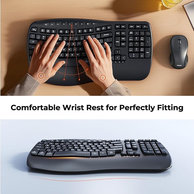 MEETION Ergonomic Keyboard and Mouse Wireless Combo, Wave Keys Natural Typing, 2.4G USB Receiver Wireless Keyboard with Wrist Rest, 4 Adjustable DPI Optical Mouse, Computer/Laptop/Windows/Mac, Black