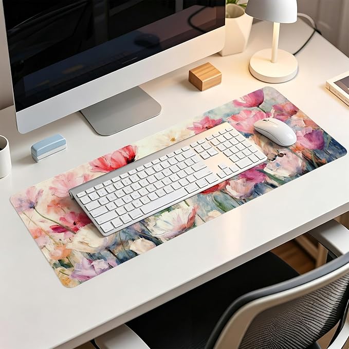 Pink Spring Tulip Floral Mouse Pad,Summer Flower Mouse Pads,Aesthetic Romantic Flower Desk Mat,Elegant Botanical Cottagecore Floral Desk Mat for Home Office Dorm Desktop Decor,31.5x11.8 Inch