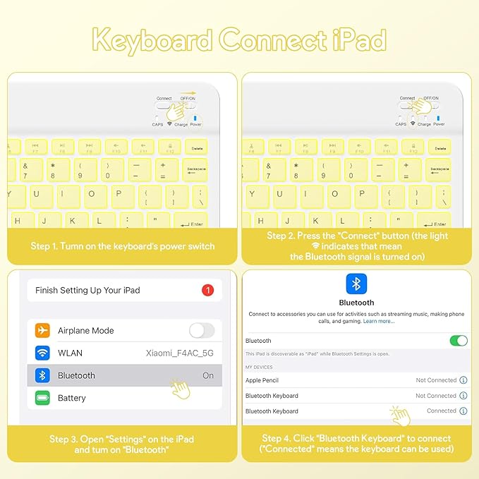 YBING for iPad A16 Case with Keyboard & iPad 10th Generation 10.9" 2022, 360 Rotation Magnetic Cover with 7-Color Backlit Wireless Detachable Keypad with Pencil Holder (Yellow)
