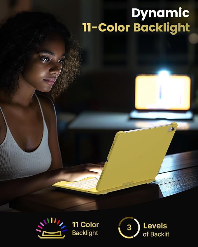typecase Flexbook Keyboard Case for iPad 11th (A16, 2025) and iPad 10th Gen (10.9", 2022) – No Trackpad, 11-Color Backlight, 360° Rotatable, 7 Use Modes, Thin & Lightweight – Yellow