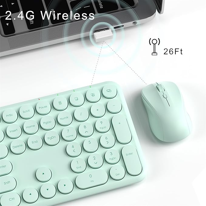 Wireless Keyboard and Mouse Set – MPTOG Full-Sized 110Pcs Slim Round Key Design, Quiet Typing, Adjustable DPI Ergonomic Mouse, Wireless Combo for PC, Mac, Laptop, Tablets(Mint Green)