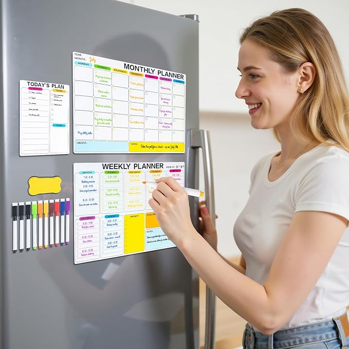 3 Pack Dry Erase Calendar for Fridge, 16.5 x 12 Monthly & Weekly & Daily Chore Chart, Planning Whiteboard with 10 Markers and Eraser, Use for Refrigerator Wall Door- Shopping, Meal/Menu, to Do List