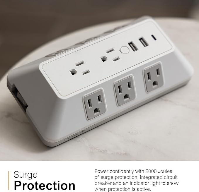 GE 8-Outlet Surge Protector with USB, Outlet Extender, 2 USB-A, 1 USB-C, Adapter Spaced, Multi Plug, Charging Station, for Home School and Office, 2000 Joules, White/Gray - 73654