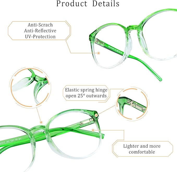 LifeArt Round Blue Light Blocking Glasses, Computer Glasses, Gaming Glasses, TV Glasses for Women Men (Clear Green, 0.75 Magnification)