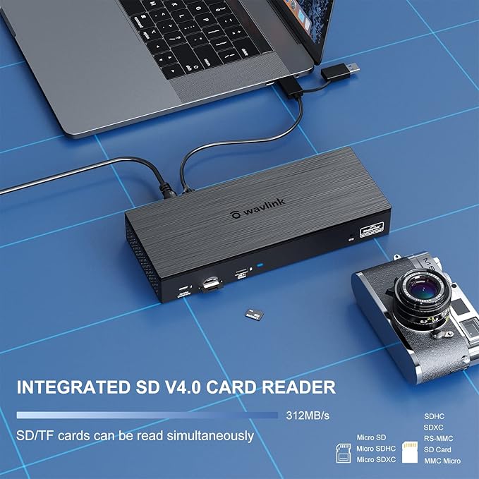 WAVLINK DisplayLink Laptop Docking Station - Quad Monitor 5K/4K@60Hz, 100W Charging - Thunderbolt 4/3, USB-C/A - M1-M5 Mac/Windows/Chrome/Ubuntu - 4 HDMI, 4 DP, 180W Power, SD 4.0 CR, 2.5Gbps LAN