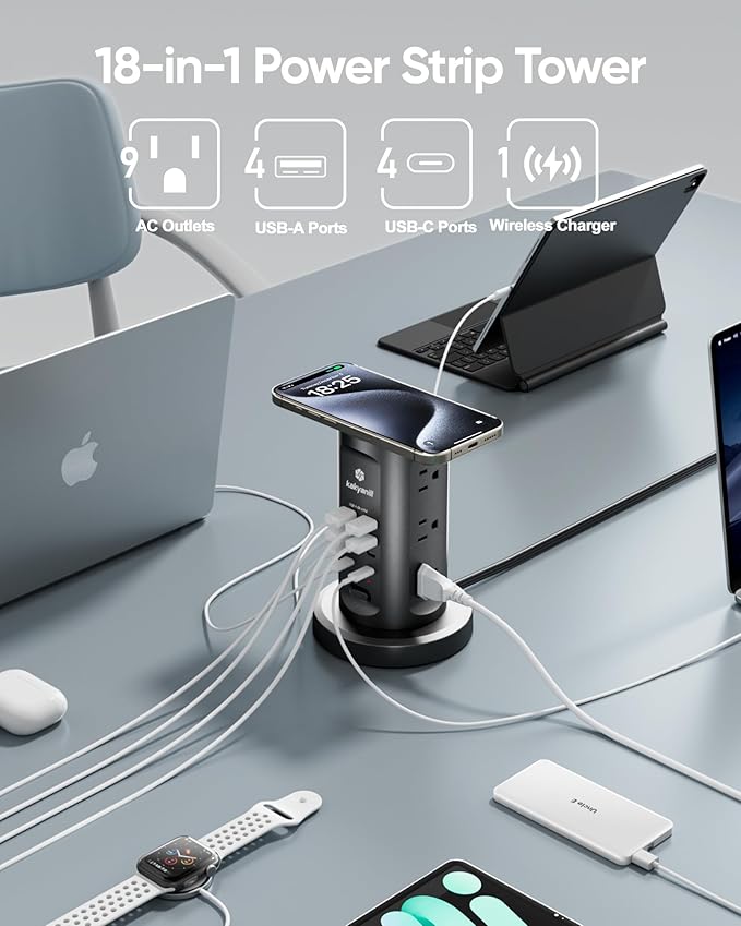 30W USB Charging Station, Surge Protector Power Strip Tower, 9 AC Outlets with 8 USB Ports(4 USB-C), 6Ft Flat Plug Retractable Extension Cord, for Home Office Dorm, Black