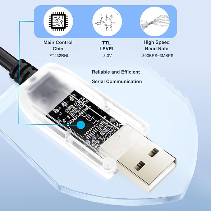 DTECH USB to TTL Adapter FTDI Chip 3.3V 6 Pin USB to UART Debug Cable FT232RNL IC Serial Converter 6ft LED Indicators Output 3.3 Volt for Windows 11 10 8 7 XP MAC Linux Easy Debugging and Programming