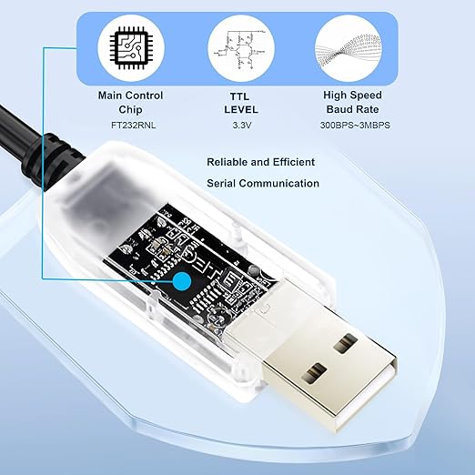 DTECH USB to TTL Serial Cable Adapter FTDI Chip 3.3V 3 Pin LED Indicators UART Debug Converter FT232RNL IC Output 3V3 Signal Level for Windows 11 10 8 7 XP MAC Linux Easy Debugging Programming, 6ft