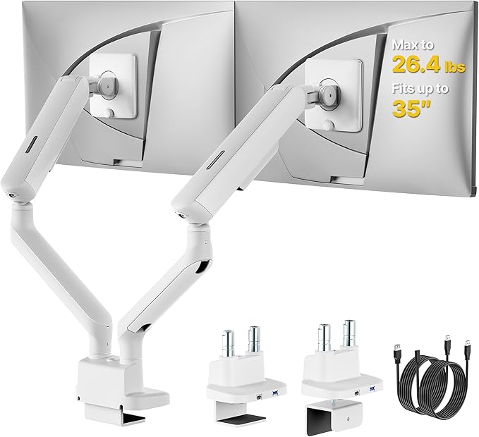 monTEK Dual Monitor Arm with USB, Mechanical Spring Monitor Arm for 17-35" Screens, Adjustable Monitor Desk Mount Each Holds up to 26.4 lbs with C Clamp/Grommet Desk Mount, VESA 75/100mm