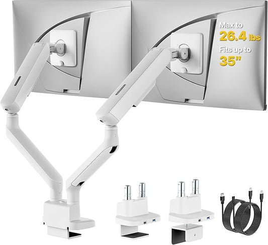 monTEK Dual Monitor Arm with USB, Mechanical Spring Monitor Arm for 17-35" Screens, Adjustable Monitor Desk Mount Each Holds up to 26.4 lbs with C Clamp/Grommet Desk Mount, VESA 75/100mm