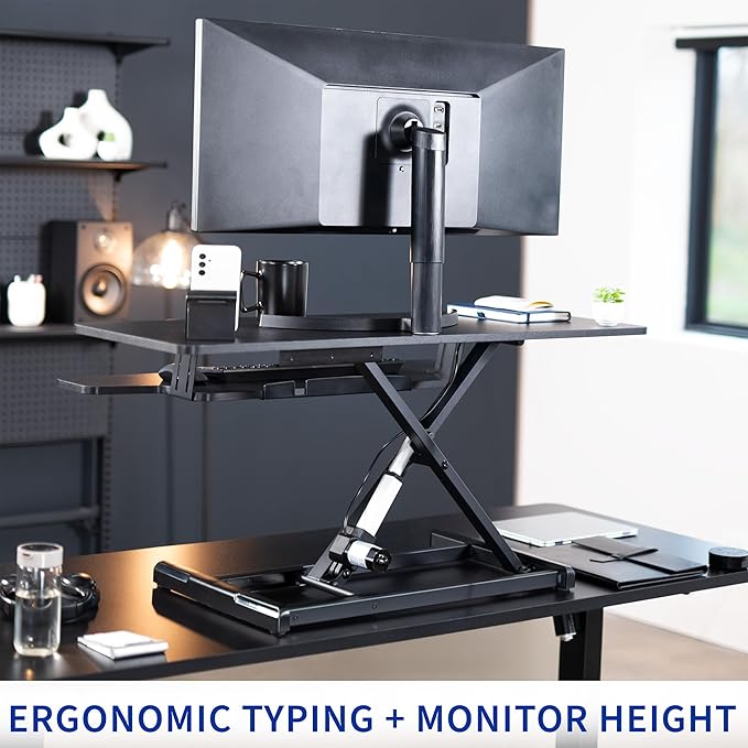 VIVO 42 inch Electric Motor Desk Converter, Height Adjustable Riser, Sit to Stand Dual Monitor and Laptop Workstation with Wide Keyboard Tray, Black, DESK-VE42B