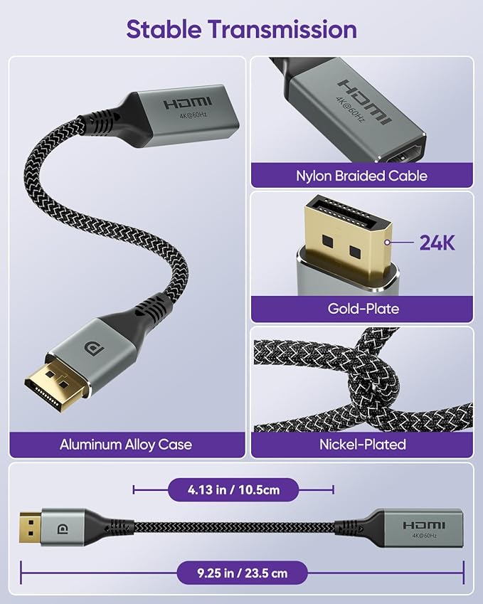 VCELINK 4K Display Port to HDMI Adapter [4K@60Hz, 2K@165Hz, 2K@144Hz], Uni-Directional DP Male to HDMI Female Converter for Monitor, Computer, TV, Projector