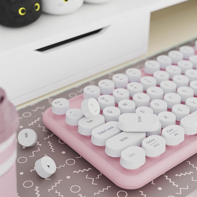 x UBOTIE Colorful Wireless Keyboard and Mouse Combo, Full-Sized Office Keyboard with Typewriter Flexible Keys, 2.4GHz Dropout-Free Connection, Optical Mouse for PC Laptop(Pink White)
