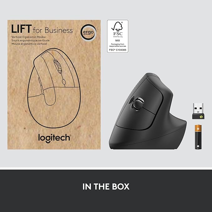 Logitech Lift for Business, Vertical Ergonomic Mouse, Wireless, Bluetooth or Secured Logi Bolt USB, Quiet clicks, Globally Certified, Windows/Mac/Chrome/Linux - Graphite