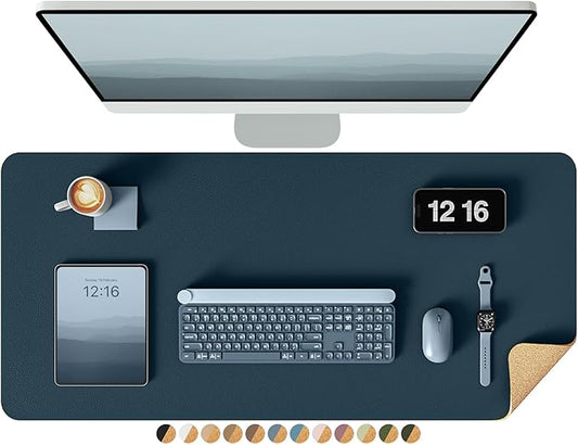YSAGi Double-Sided Desk Pad, 35.4"x17"Leather Desk Mat, Eco Cork Desk Pad Protector,Large Mouse Pad,Waterproof Desk Blotter for Office/Home(Dark Blue)