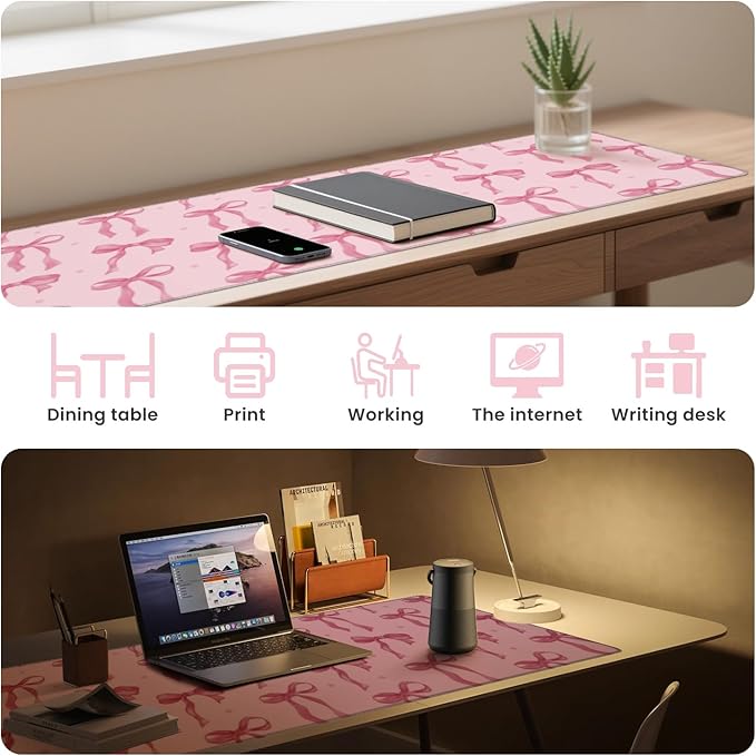 Pink Desk Mat, Pink Mouse Pad with Bows Computer Mat Desk Accessories, Large Gaming Keyboard and Mouse Pad Non-Slip Rubber Base, Cute Girly Office Supplies Desktop Decor for Girls Women 31.5 x 11.8in