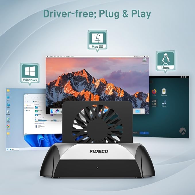 FIDECO Hard Drive Docking Station, M.2 NVMe SSD Docking Station with Cooling Fan, Support 2.5 and 3.5 inch SATA HDD and M.2 NVMe SATA SSD, Ultimate Heat Dissipation