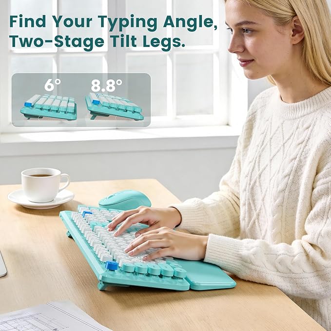 Wireless Keyboard and Mouse Combo with Magnetic Wrist Rest, Round Keycaps, Full-Size Retro Typewriter-Style Keyboard, Two-Stage Tilt Legs, Auto-Sleep, 2.4GHz Wireless for Windows PC Laptop, Aqua Blue