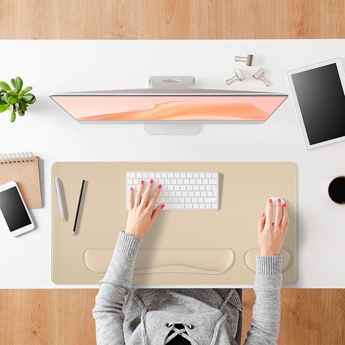 Desk Pad and Keyboard Wrist Rest, 3in1 Mousepad + Keyboard Wrist Rest+Mouse Wrist Rest for Home Office Table Computer Cover. (31.5×15.7,Beige)