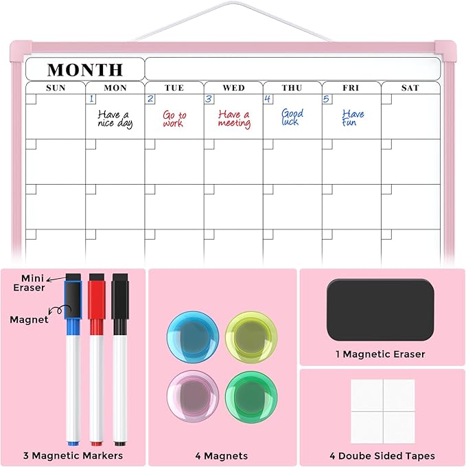 MaxGear Monthly Calendar Dry Erase Board for Wall, 16"x12" Small Hanging Double-Sided White Board, Portable Whiteboard for Planning, Drawing, Memo, to Do List, School, Home, Office, Pink Frame