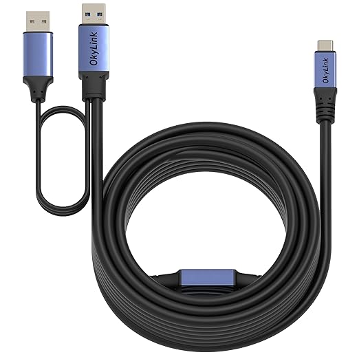 OkyLink Active USB 3.0/3.2 Gen1 A to C Data Cable 50ft/15M – High-Speed 5Gbps, Signal Booster, Optional Power, Long-Distance Cable for VR, External Storage, Docking Station, Printer