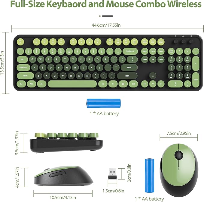 Black Green Keyboard and Mouse Combo Wireless, 2.4G Full Size 104-Key Retro Typewriter Keyboards Round Keys for Students Teenagers Home Office PC Laptop(Dark Green)