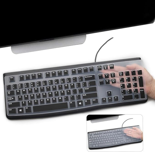 2 Pack Keyboard Cover for Logitech K120 & MK120 Ergonomic Desktop USB Keyboard, Logitech K120 & MK120 US Layout Waterproof Anti-Dust Keyboard Skin-Black+Clear