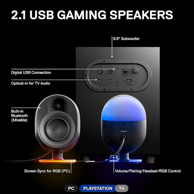 SteelSeries Arena 7 RGB Illuminated 2.1 Gaming Speakers with Powerful Bass, Subwoofer, and Bluetooth - Compatible with PC, PlayStation, Mobile - Black (Renewed)