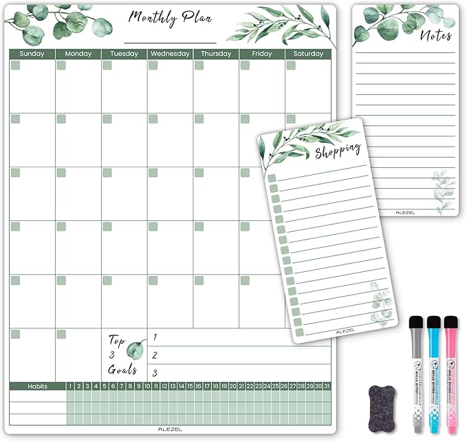 Magnetic Dry Erase Calendar for Fridge, Greenery Monthly Fridge Calendar Whiteboard Set - Vertical Monthly Calendar for Refrigerator, Grocery & to Do List White Board, 3 Markers + Eraser