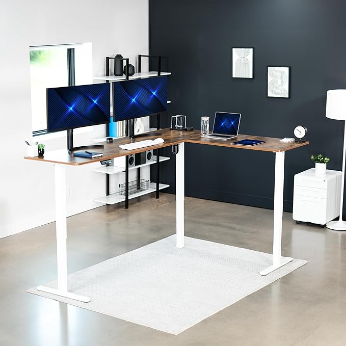 VIVO Corner Standing Desk, 84 x 63 inch Reversible L-Shaped Workstation, Electric Height Adjustment, Home, Office, and Reception Rooms, Rustic Vintage Brown Table Top White Frame, DESK-E3CTWN-84