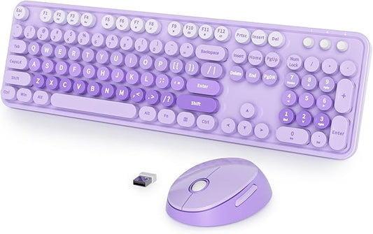 Cute Purple Keyboard and Mouse Combo Wireless, 2.4G Full Size 104-Key Retro Typewriter Keyboards Round Keys for Students Teenagers Home Office PC Laptop(Diary Purple)