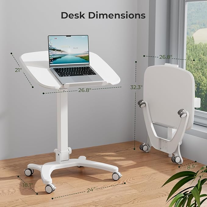 Foldable Mobile Standing Desk, 27"×21" Portable Rolling Laptop Cart with 90° Tiltable Board, Height Adjustable Workstation with Wheels, Folding Table for Home Office, White