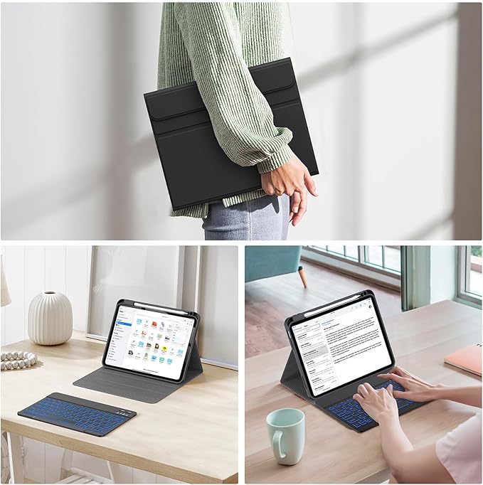 Soke for iPad (A16) 11th/10th Generation Case with Keyboard(2025/2022)-7 Color Backlight Wireless Detachable Folio Keyboard Cover with Built-in Pencil Holder for iPad 11/10.9 inch, Ebony