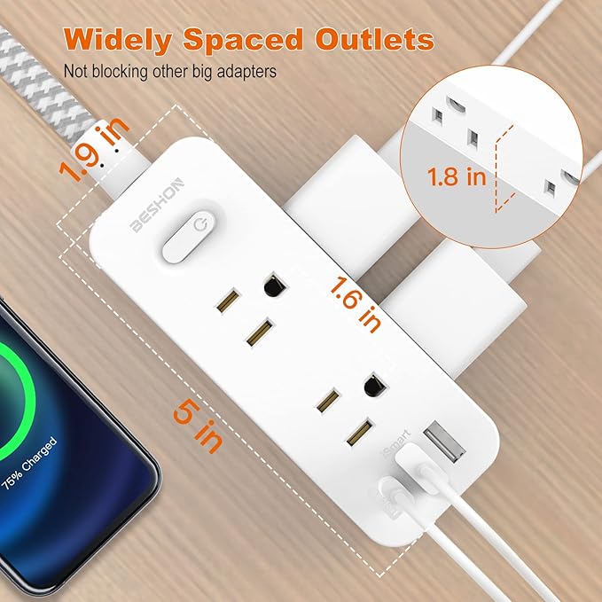 Extension Cord 20FT, BESHON Power Strip Surge Protector, 6 Outlets with 3 USB Ports(1 USB C Outlet), 3-Side Outlet Extender, Wall Mount, Compact for Travel, Home, College Dorm Room, and Office