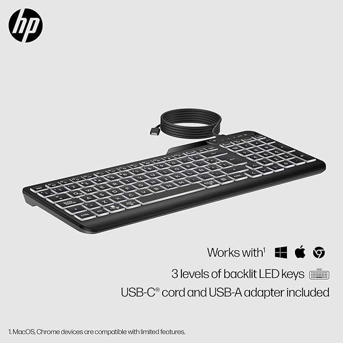 HP 400 Backlit Wired Keyboard (Ash Wired) - Warm White LED Illuminated Keys w/ 3 Brightness Levels - Slim & Portable Design - 12 Programmable Keys - Spill-Resistant, Sanitizable