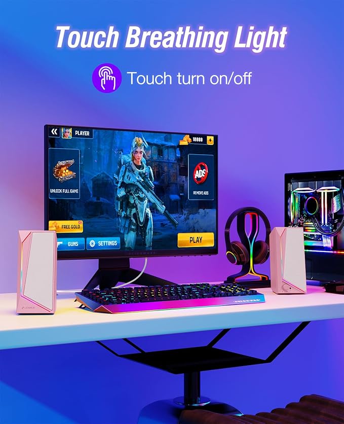LENRUE Computer Speakers, USB/USB-C Powered PC Speakers with Loud Stereo Sound, Headphone-in for Desktop, Laptop, Monitor (USB-C to USB Adapter Included) (Pink)