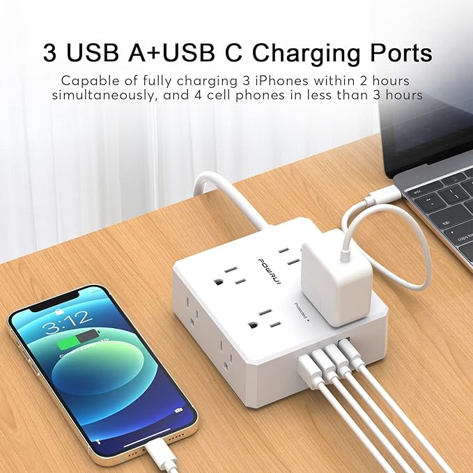 10Ft Surge Protector Power Strip - Flat Plug Extension Cord with 8 Widely Outlets and 4 USB Ports(1 USB C), 3 Side Outlet Extender for Home Office Dorm Room Essentials, White，ETL Listed