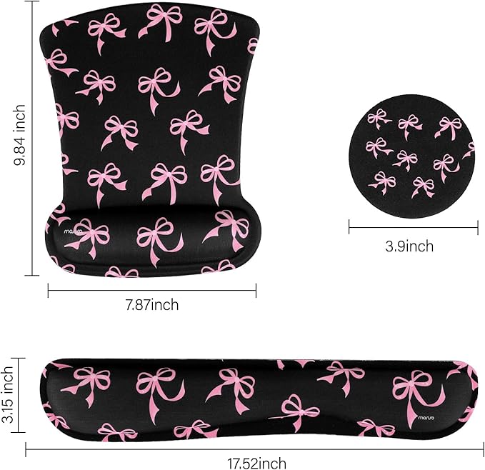 MOSISO Wrist Rest Support for Mouse Pad&Keyboard Set, Pink Bows Ergonomic Mousepad&Coaster Non-Slip Base Home/Office Pain Relief&Easy Typing Cushion with Neoprene Cloth&Raised Memory Foam, Black