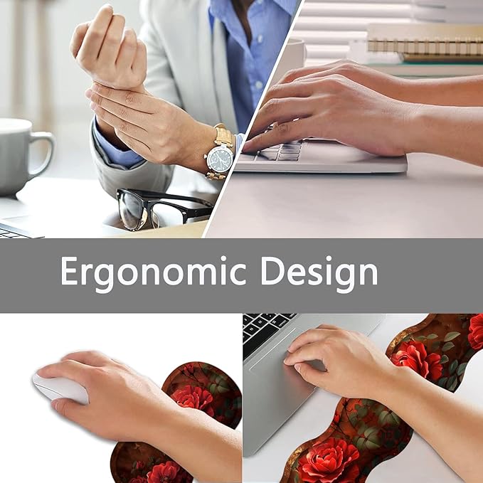 Large Gaming Mouse Pad + Keyboard Wrist Rest + Wrist Support + Coaster Set, Memory Foam Ergonomic for Easy Typing, XXL Extended Gaming Mouse Pad Table Pad - Red Rose