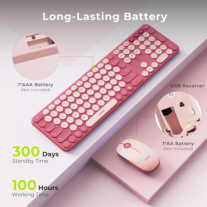 seenda Wireless Bluetooth Keyboard and Mouse Combo, COE202 Retro Cute Round Keycaps, 3 Multi-Device Connection, Full Size Keyboard Compatible for PC/Laptop/Mac/MacBook/iPad/Tablet, Pink
