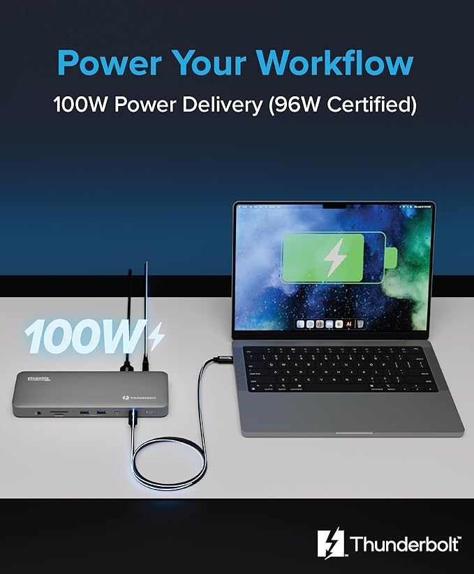 Plugable Thunderbolt 4 Dock for M4/M5 MacBook Air & Pro: 100W Charging Driverless Laptop Docking Station with 4K HDMI Dual Monitor or Single 6K, 6X USB, SD, Ethernet, Thunderbolt Certified (TBT-UDM)