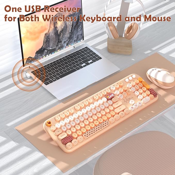 Wireless Keyboard Mouse Combo, Keyboard and Mouse Set,104 Round Keys Colorful Wireless Typewriter for MacBook Windows Laptop Tablet Coffee