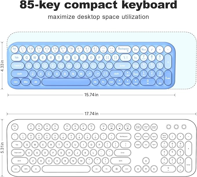 Wireless Keyboard and Mouse Combo, MOWUX Compact Typewriter Retro Round Computer Keyboard, Cute Optical Mouse Wireless, Plug and Play, for Laptop, PC, Computer- Blue Gradient